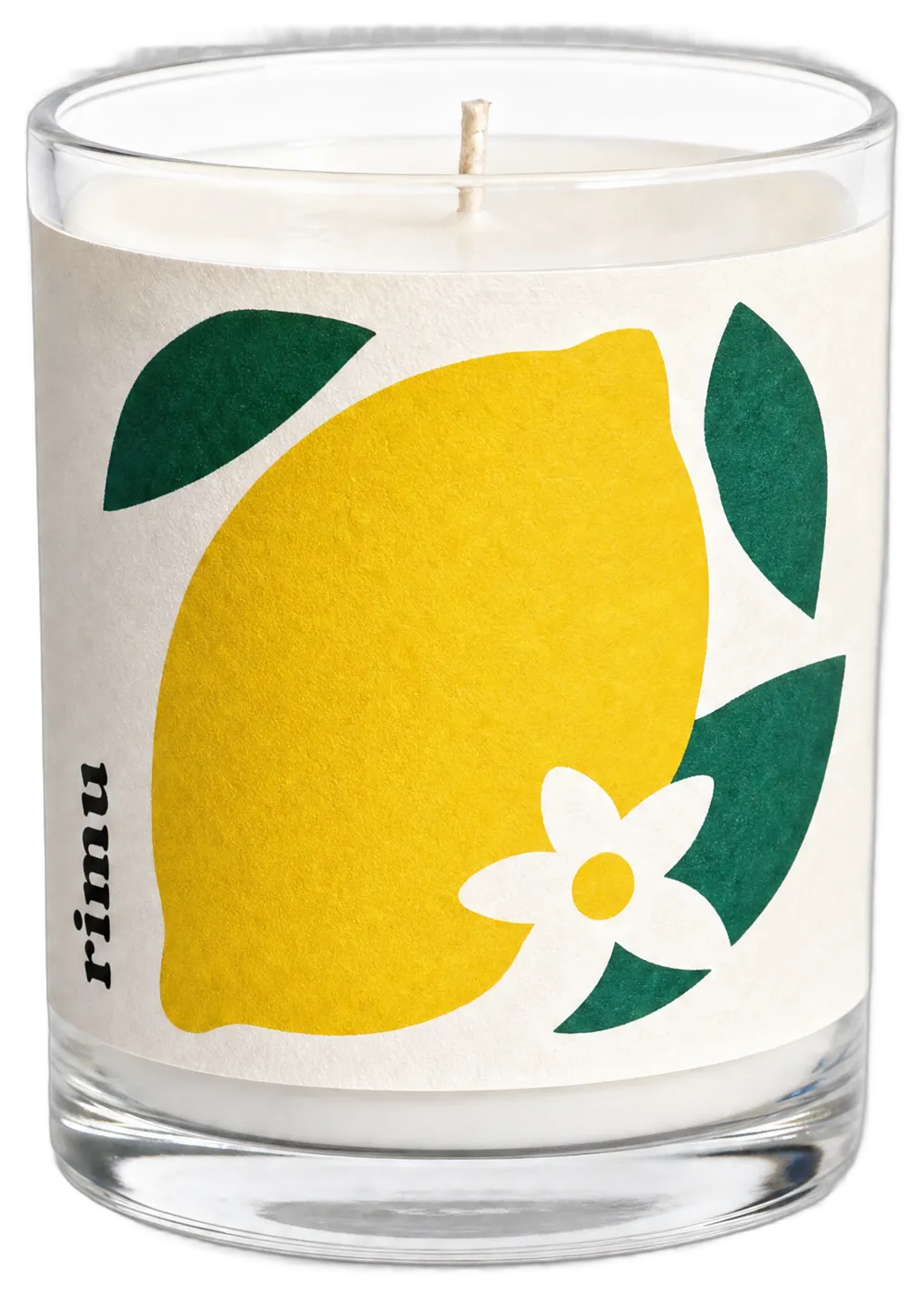 Lemon Blossom candle in a clear glass jar with a cut-paper lemon label